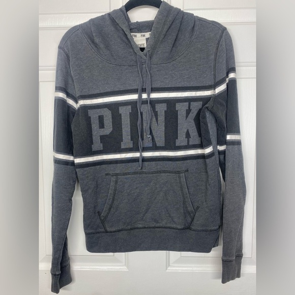 PINK Victoria's Secret Tops - Victoria Secret PINK Gray Womens Small Stripes Sweater Jacket Pocket Hoodie Grey